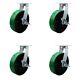10 Inch Heavy Duty Green Poly on Cast Iron Caster Set with Brake and Swivel Lock