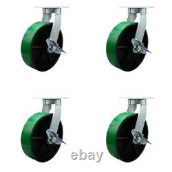 10 Inch Heavy Duty Green Poly on Cast Iron Swivel Caster Set with Brakes Set 4