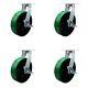 10 Inch Heavy Duty Green Poly on Cast Iron Swivel Caster Set with Brakes Set 4