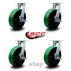 10 Inch Heavy Duty Green Poly on Cast Iron Swivel Caster Set with Brakes Set 4