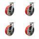 10 Inch Heavy Duty Red Poly on Cast Iron Caster Set with Swivel Locks Set of 4