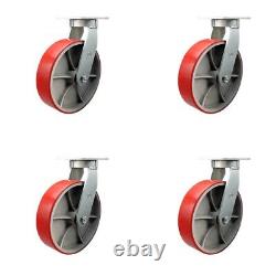 10 Inch Heavy Duty Red Poly on Cast Iron Caster Set with Swivel Locks Set of 4