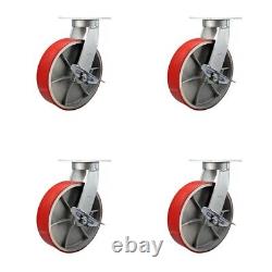 10 Inch Heavy Duty Red Poly on Cast Iron Swivel Caster Set with Brakes Set 4