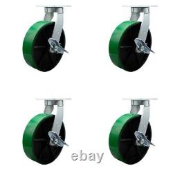 12 Inch Heavy Duty Green Poly on Cast Iron Swivel Caster Set with Brakes Set 4