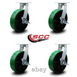 12 Inch Heavy Duty Green Poly on Cast Iron Swivel Caster Set with Brakes Set 4