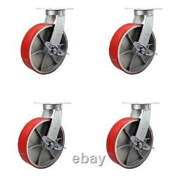 12 Inch Heavy Duty Red Poly on Cast Iron Caster Set with Brake and Swivel Lock