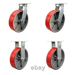 12 Inch Heavy Duty Red Poly on Cast Iron Wheel Caster Set 2 Swivel 2 Rigid SCC