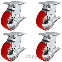 5 X 2 Heavy Duty Swivel Caster Set Of 4 Red Polyurethane On Steel Core With