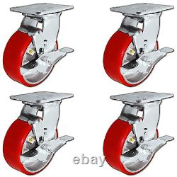 5 X 2 Heavy Duty Swivel Caster Set of 4 Red Polyurethane on Steel Core with