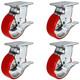 5 x 2 Heavy Duty Swivel Caster Set of 4 Red Polyurethane on Steel Core wi