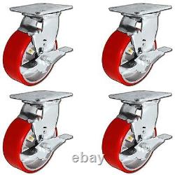 5 x 2 Heavy Duty Swivel Caster Set of 4 Red Polyurethane on Steel Core wi