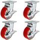 5 x 2 Heavy Duty Swivel Caster Set of 4 Red Polyurethane on Steel Core wi