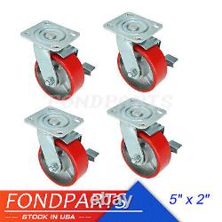 5 x 2 Heavy Duty Swivel Caster Set of 4 Red Polyurethane on Steel Core with
