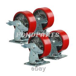 5 x 2 Heavy Duty Swivel Caster Set of 4 Red Polyurethane on Steel Core with