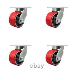 6 Inch Extra Heavy Duty Red Poly on Cast Iron Wheel Swivel Caster Set of 4