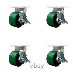 6 Inch Heavy Duty Green Poly on Cast Iron Caster Set with Brake and Swivel Lock