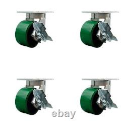 6 Inch Heavy Duty Green Poly on Cast Iron Swivel Caster Set with Brakes Set 4
