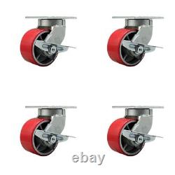 6 Inch Heavy Duty Red Poly on Cast Iron Swivel Caster Set with Brakes Set 4
