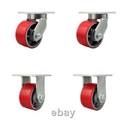 6 Inch Heavy Duty Red Poly on Cast Iron Wheel Caster Set 2 Swivel 2 Rigid SCC