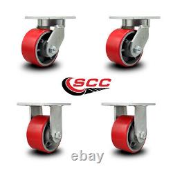 6 Inch Heavy Duty Red Poly on Cast Iron Wheel Caster Set 2 Swivel 2 Rigid SCC