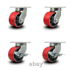 6 Inch Heavy Duty Red Poly on Cast Iron Wheel Swivel Caster Set with 2 Brakes