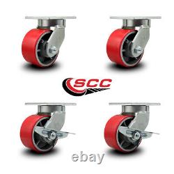 6 Inch Heavy Duty Red Poly on Cast Iron Wheel Swivel Caster Set with 2 Brakes