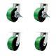 8 Inch Heavy Duty Green Poly on Cast Iron Caster Set 4 Swivel Locks 2 Brakes