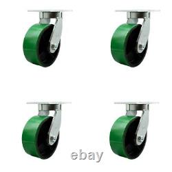 8 Inch Heavy Duty Green Poly on Cast Iron Caster Set with Swivel Locks Set of 4