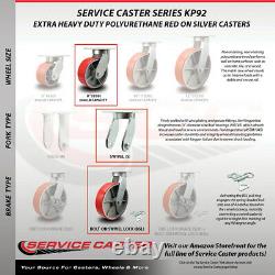 8 Inch Heavy Duty Red Poly on Cast Iron Caster Set 4 Swivel Locks 2 Brakes