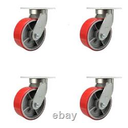 8 Inch Heavy Duty Red Poly on Cast Iron Caster Set with Swivel Locks Set of 4