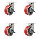 8 Inch Heavy Duty Red Poly on Cast Iron Swivel Caster Set with Brakes Set 4