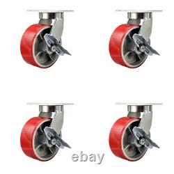 8 Inch Heavy Duty Red Poly on Cast Iron Swivel Caster Set with Brakes Set 4