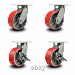 8 Inch Heavy Duty Red Poly on Cast Iron Wheel Swivel Caster Set with 2 Brakes