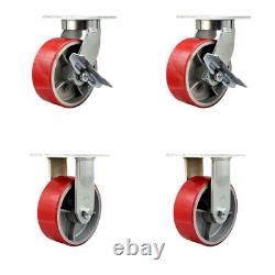 8 Inch Heavy Duty Red Poly on Metal Caster Set 2 Swivel Lock/Brake 2 Rigid