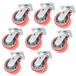 8 Red Wheel Caster Set 5 Wheels All Swivel Heavy Duty Iron Hub No Mark Casters