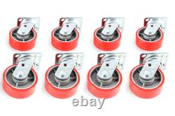 8 Red Wheel Caster Set 5 Wheels All Swivel Heavy Duty Iron Hub No Mark Casters