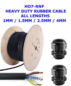 All Lengths Heavy Duty Rubber Cable 3 Core 1mm/1.5mm/2.5mm/4mm 2 Free Glands