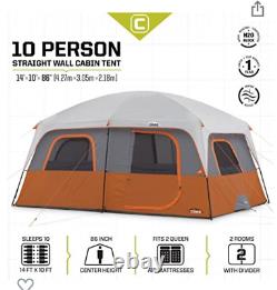 CORE Outdoor Straight Wall Family Camping 10-Person Cabin Tent, Orange & Gray