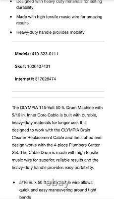 Olympia 115V 50FT Electric Auger w 5/16 Inner Core Cable Heavy Duty 410-323