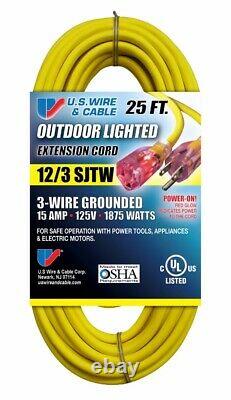 US Wire 25-FT 12 3 SJTW Heavy Duty Extension Cord Yellow Lighted Plug 8 Pk